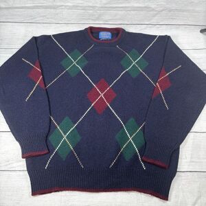 Vintage Pendleton Mens Sz L 100% Shetland Wool Crewneck Sweater Blue Argyle